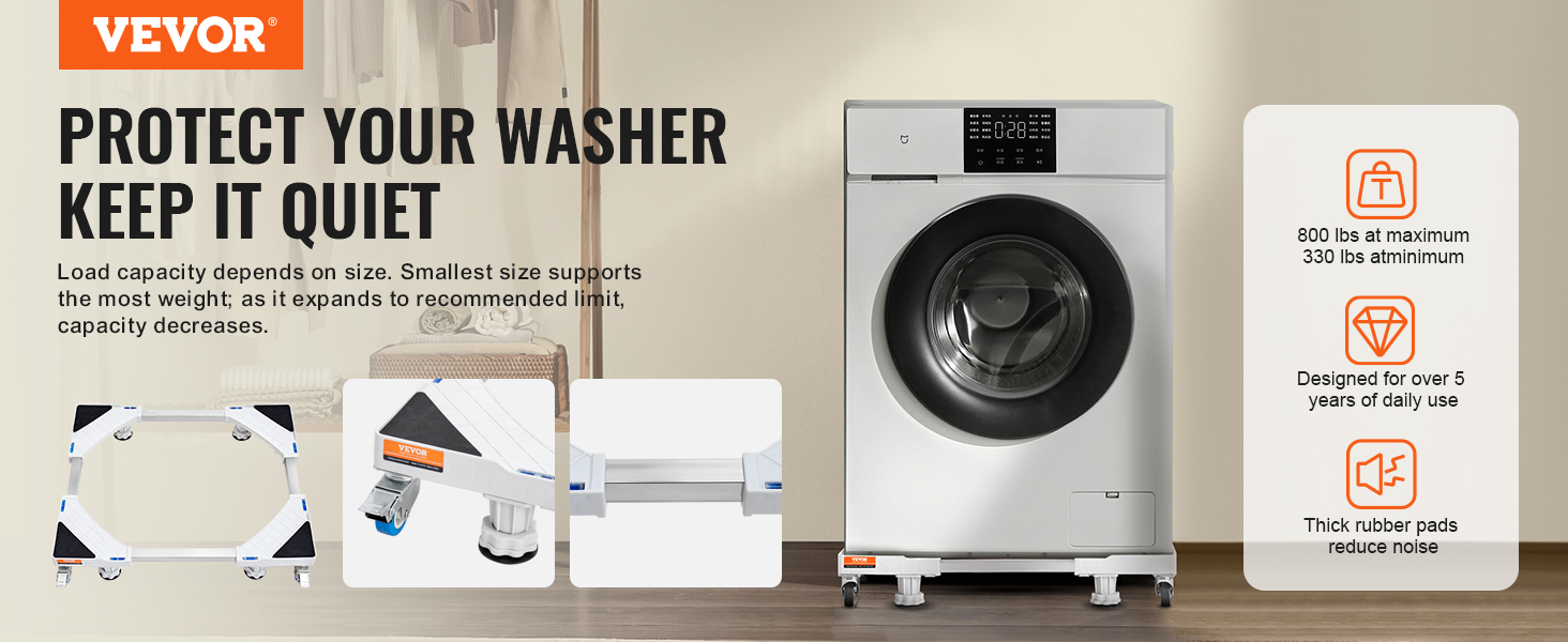 VEVOR mini fridge stand supporting washer with rubber pads, highlights load capacity and design durability.