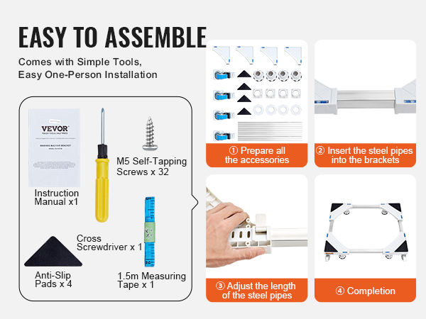 easy assembly steps for VEVOR mini fridge stand, includes accessories, anti-slip pads, and screwdriver.