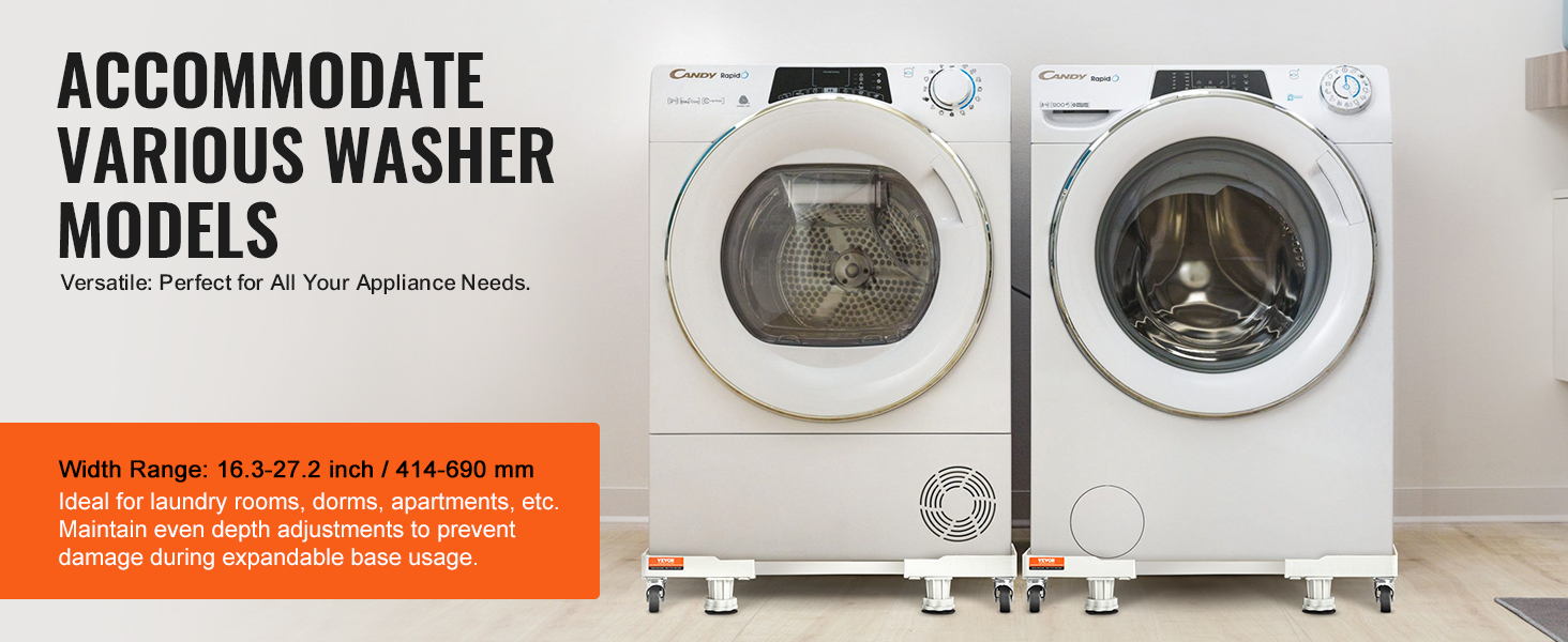 two washers on adjustable VEVOR mini fridge stand with width range and height settings for various models.