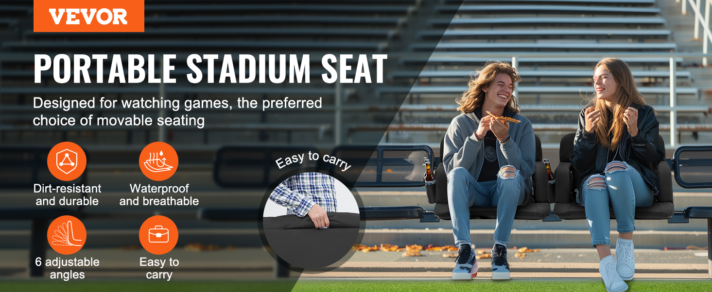 VEVOR portable stadium seat with 6 adjustable angles, waterproof, dirt-resistant, and easy to carry.