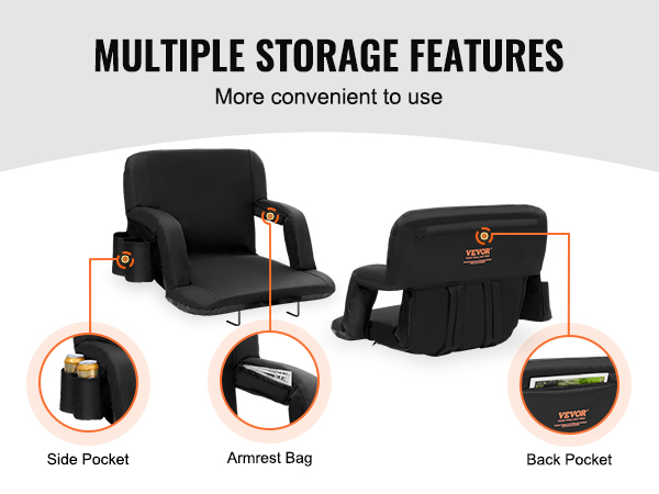 VEVOR stadium seat with side pocket, armrest bag, and back pocket for convenient storage.