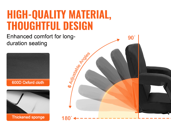 VEVOR stadium seat with 600d oxford cloth, thickened sponge, and 6 adjustable angles for comfort.