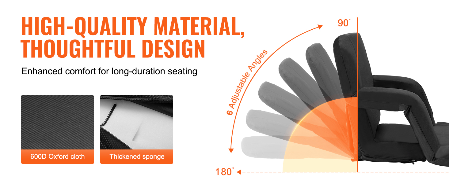 VEVOR stadium seat with 600d oxford cloth, thickened sponge, and 6 adjustable angles for comfort.