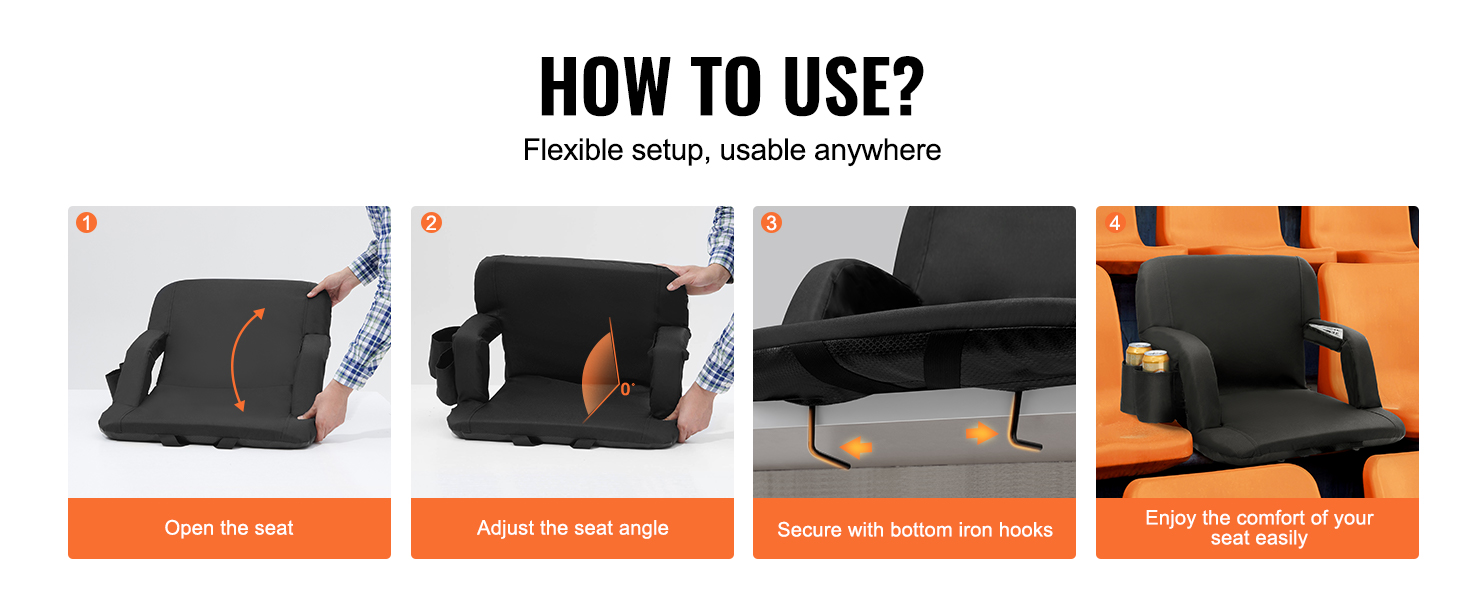 how to use VEVOR stadium seat: open the seat, adjust the angle, secure with hooks, enjoy comfort.