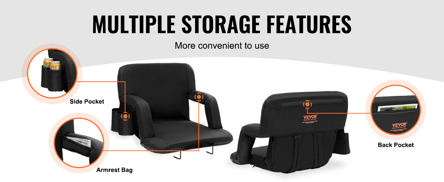 VEVOR stadium seat with side pocket, armrest bag, and back pocket for multiple storage features.
