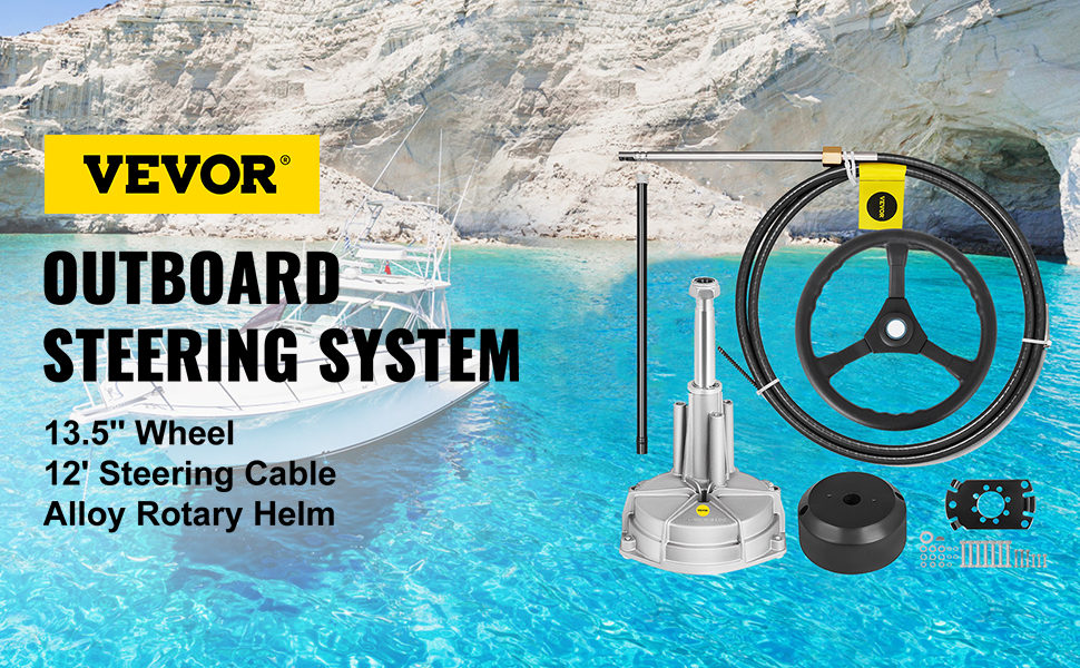 VEVOR boat steering cable with wheel and helm near a cliffside beach.