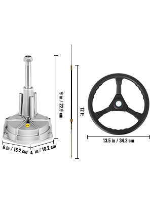 VEVOR boat steering cable system with measurements; 9-inch helm, 12-foot cable, 13.5-inch wheel.