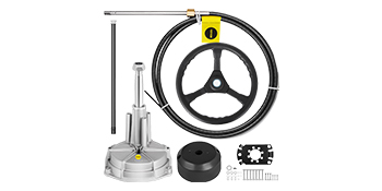 VEVOR boat steering cable with steering wheel, mount, and installation components.