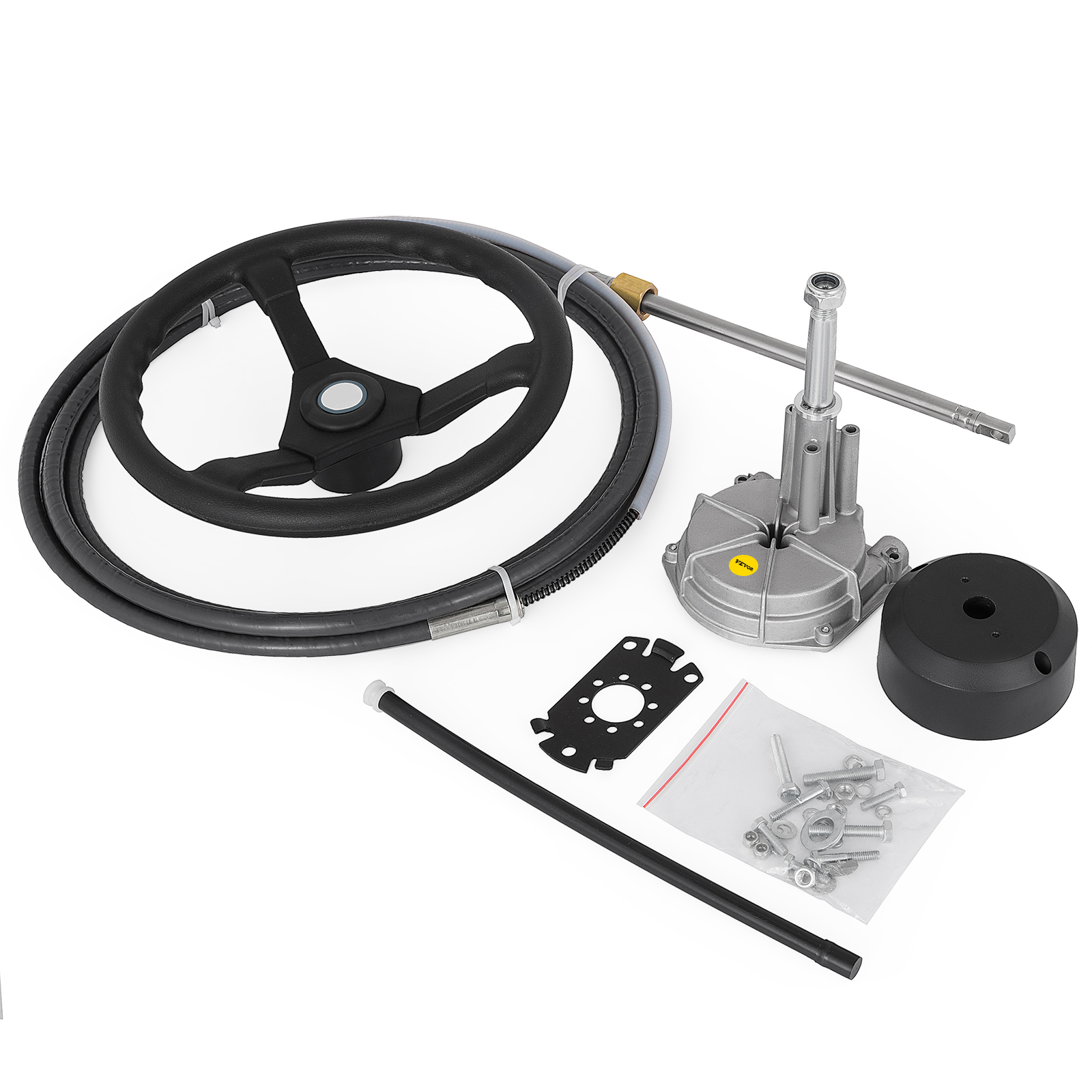 VEVOR boat steering cable with steering wheel, helm, and installation hardware.