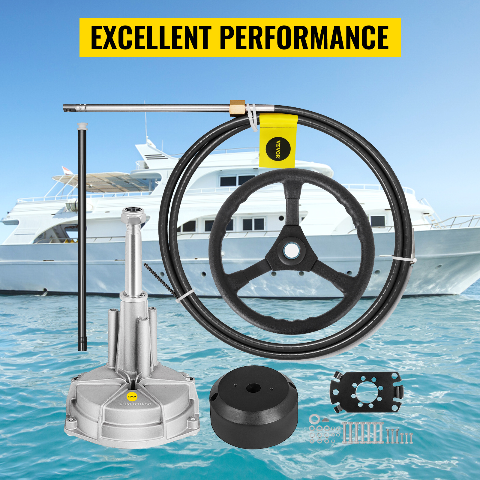 VEVOR boat steering cable kit with components in front of a yacht on the water.