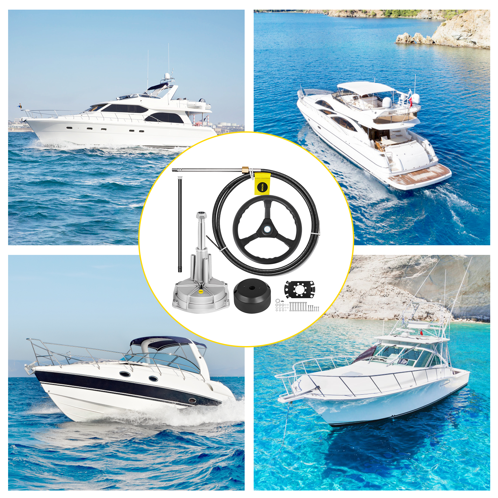 VEVOR boat steering cable with various yachts sailing in crystal clear blue water.
