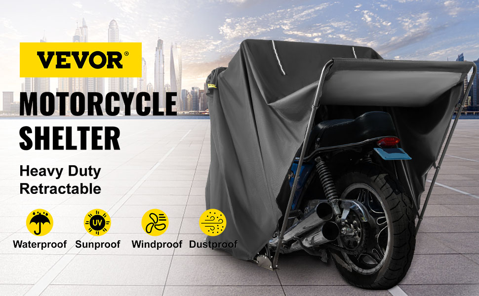 VEVOR motorcycle shelter showcasing heavy duty, retractable, waterproof cover.