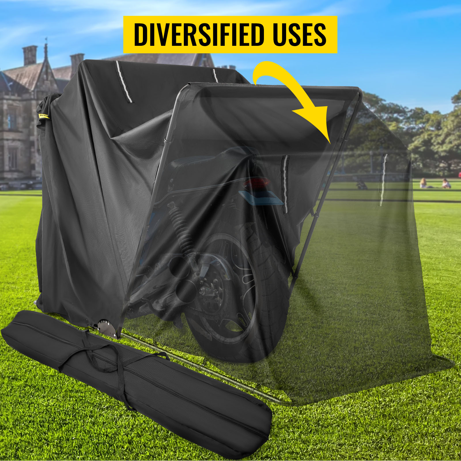 VEVOR motorcycle shelter on a lawn with a yellow "diversified uses" sign.
