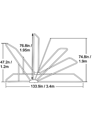 VEVOR motorcycle shelter dimensions diagram, 133.9x47.2x76.8in when fully extended.