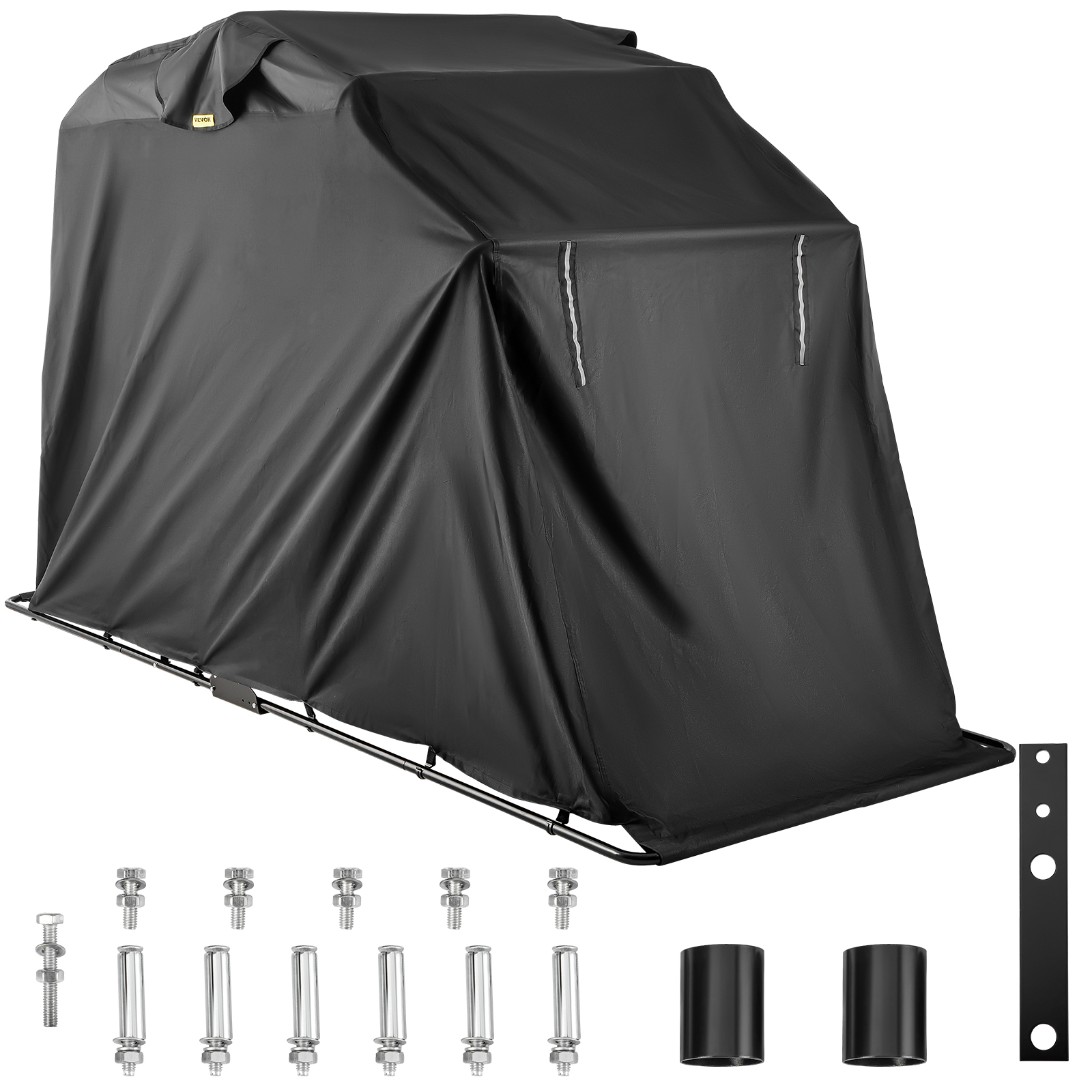 black VEVOR motorcycle shelter with metal frame and assembly hardware set.