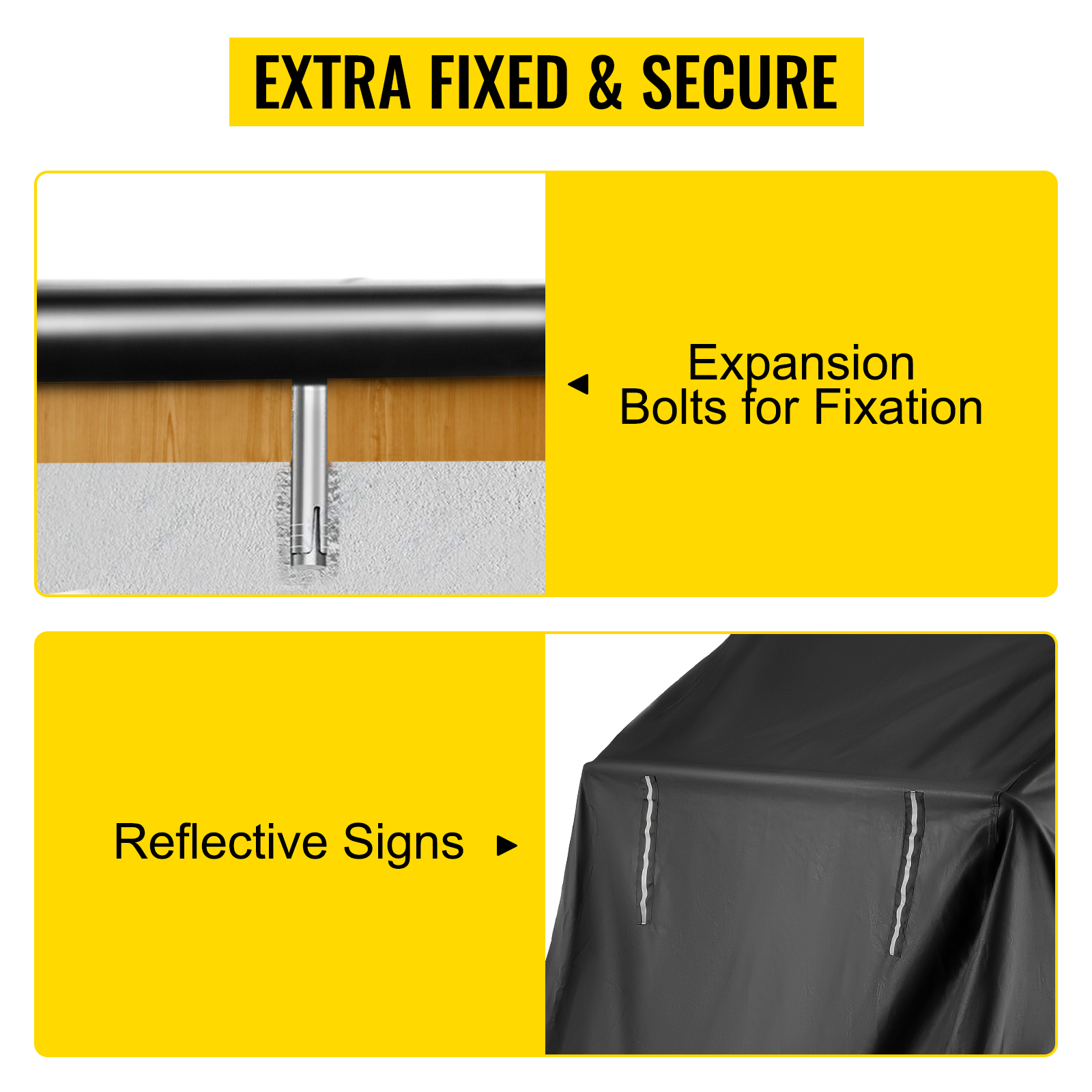 expansion bolts for fixation and reflective signs on VEVOR motorcycle shelter.