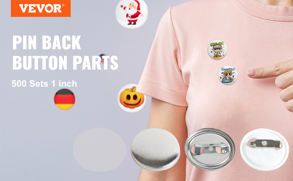 VEVOR button badge parts, 500 sets, 1-inch, pin-back buttons with designs on a pink shirt.