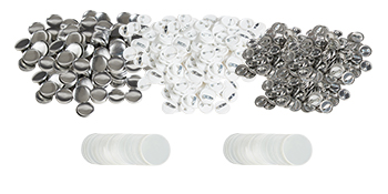 VEVOR button badge parts: mixed silver and white button components, featuring circular pin backs and plastic film.