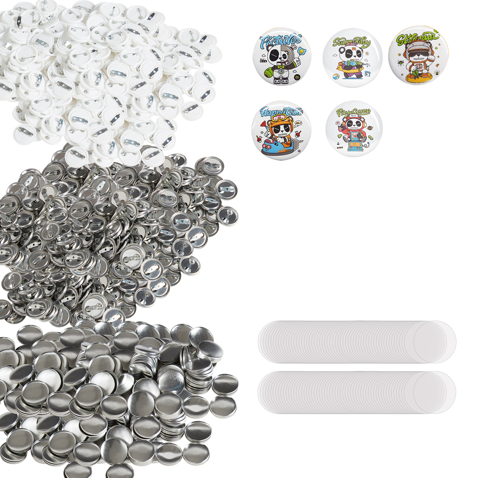 VEVOR button badge parts including metal and plastic backs, clear covers, and colorful finished badges.
