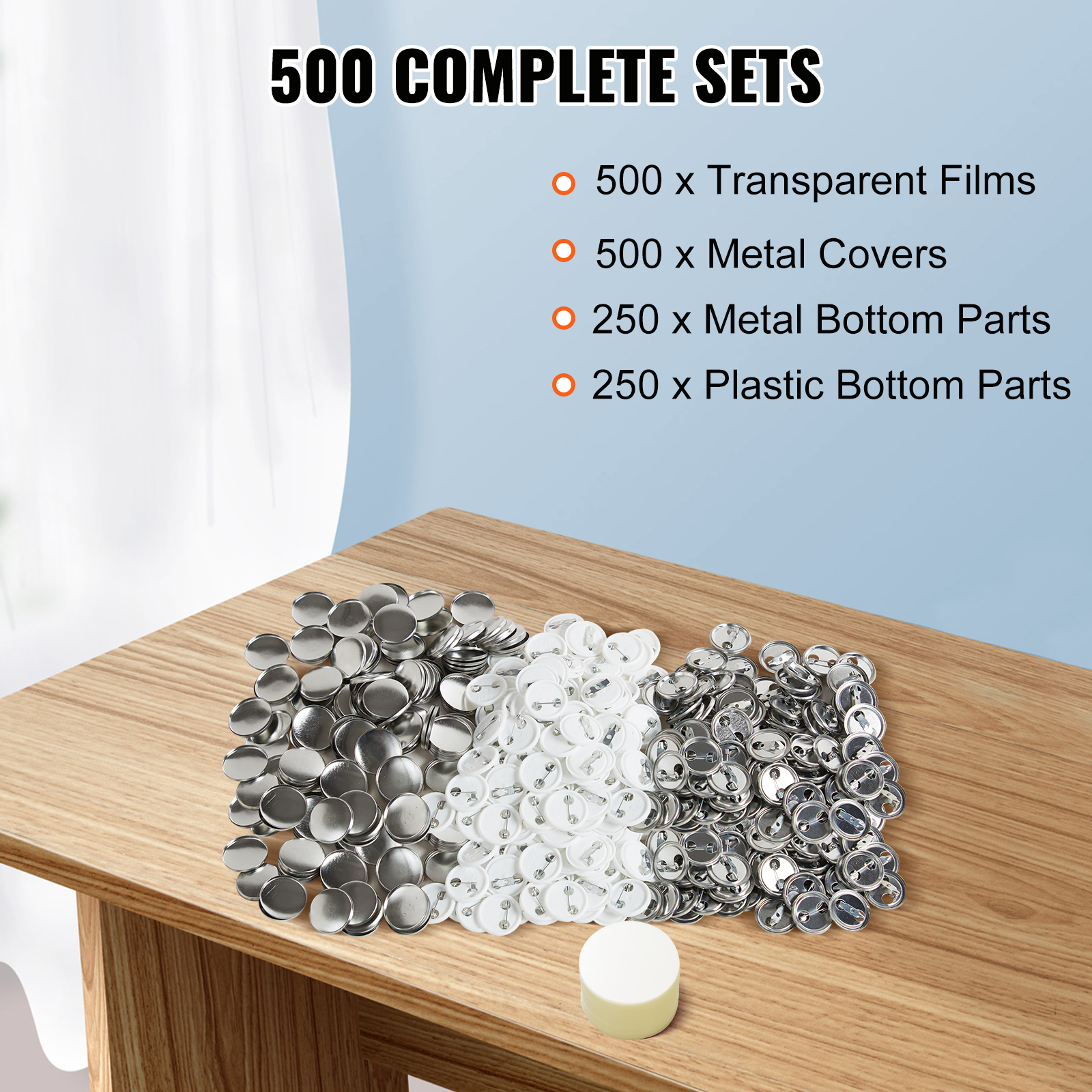 VEVOR button badge parts, 500 sets: transparent films, metal covers, and plastic and metal bottoms on a table.