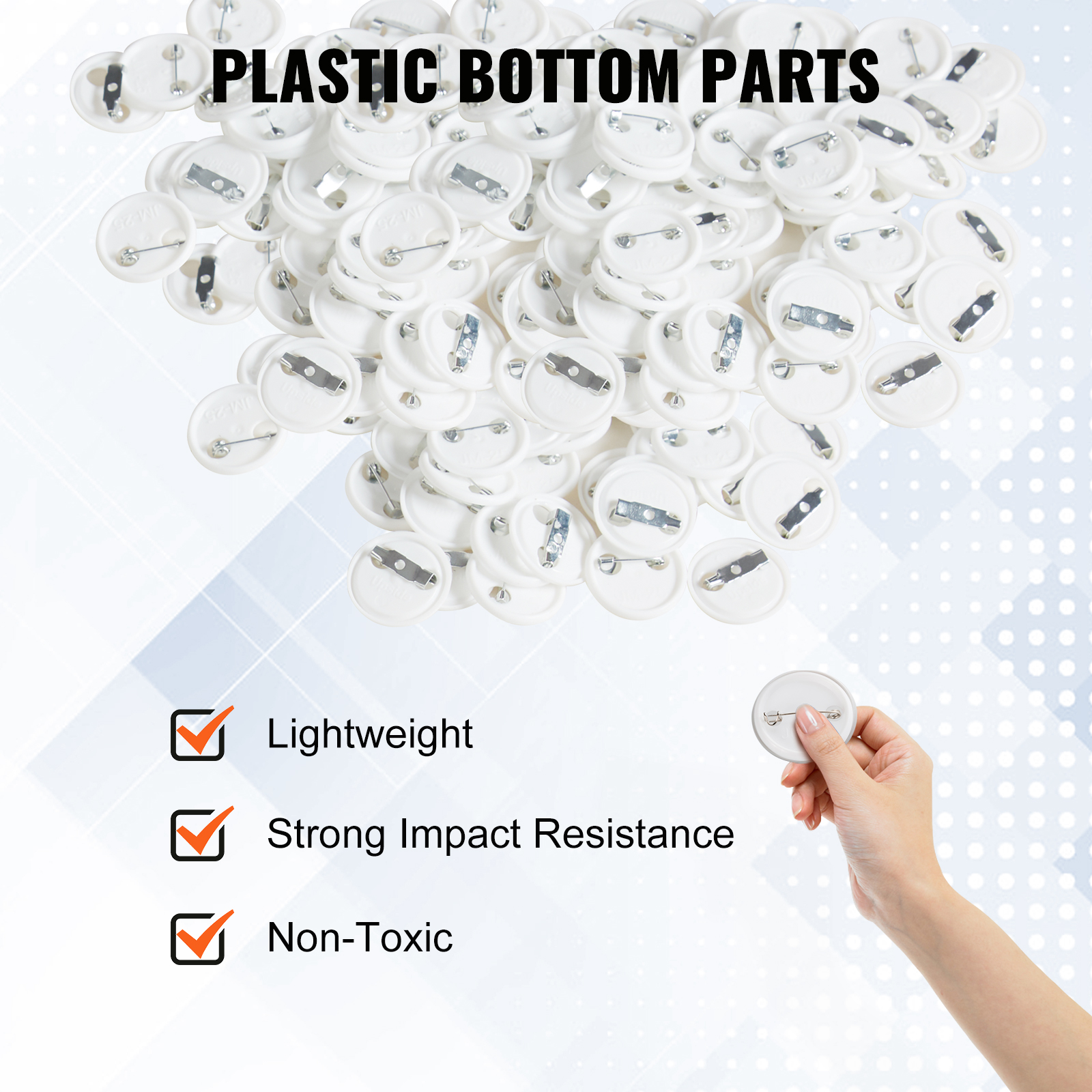 VEVOR button badge parts pile with individual hand-held piece; lightweight, strong impact resistance, non-toxic.