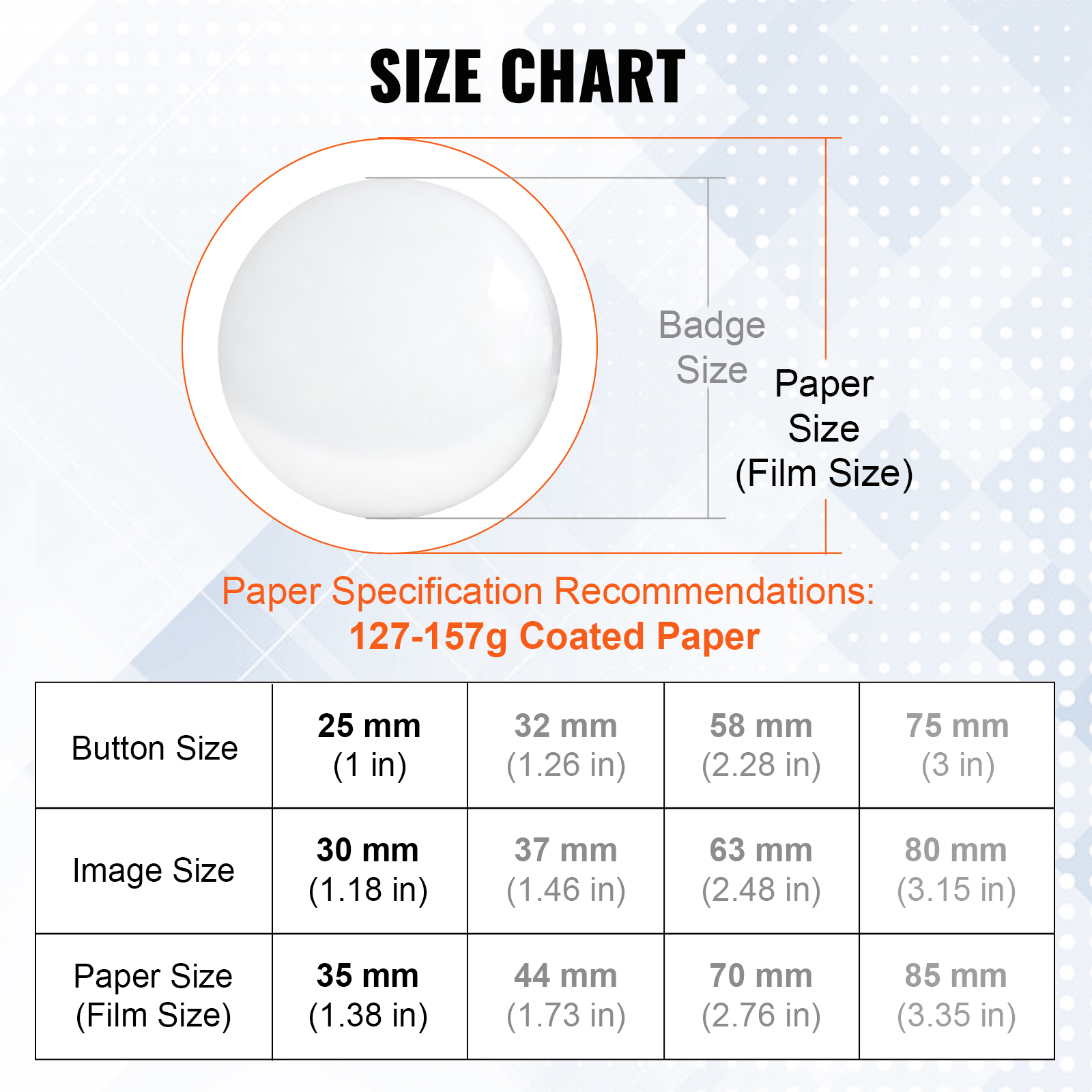 size chart for VEVOR button badge parts, showing button, image, and paper sizes in millimeters and inches.