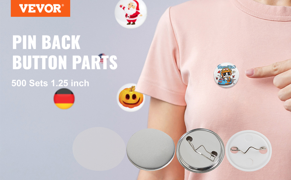VEVOR button maker parts, 500 sets 1.25-inch pin back button parts with various designs.