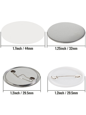 VEVOR button maker parts showcasing front and back button components with size details.