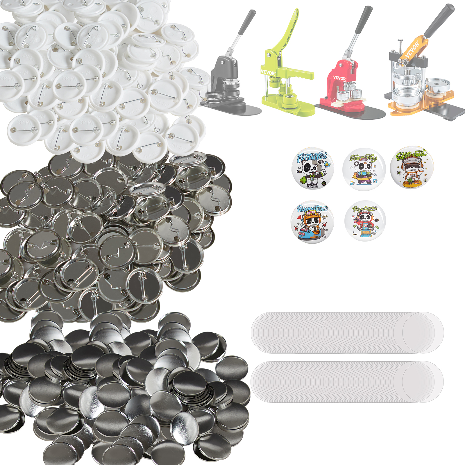 colorful VEVOR button maker machines and button parts, including pinbacks, shells, and festive button designs.