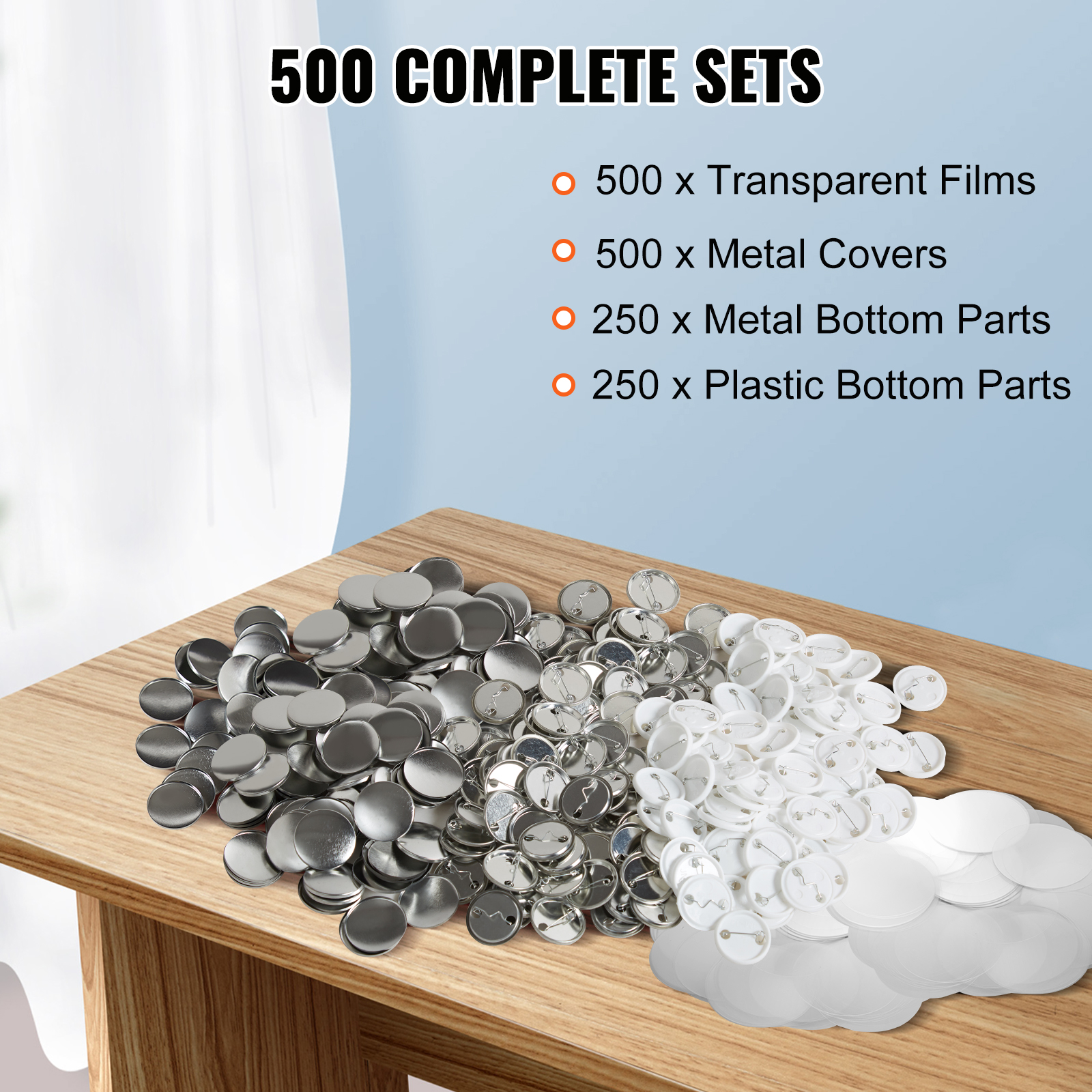 VEVOR button maker parts on a wooden table, with metal covers, transparent films, and plastic bottom parts.