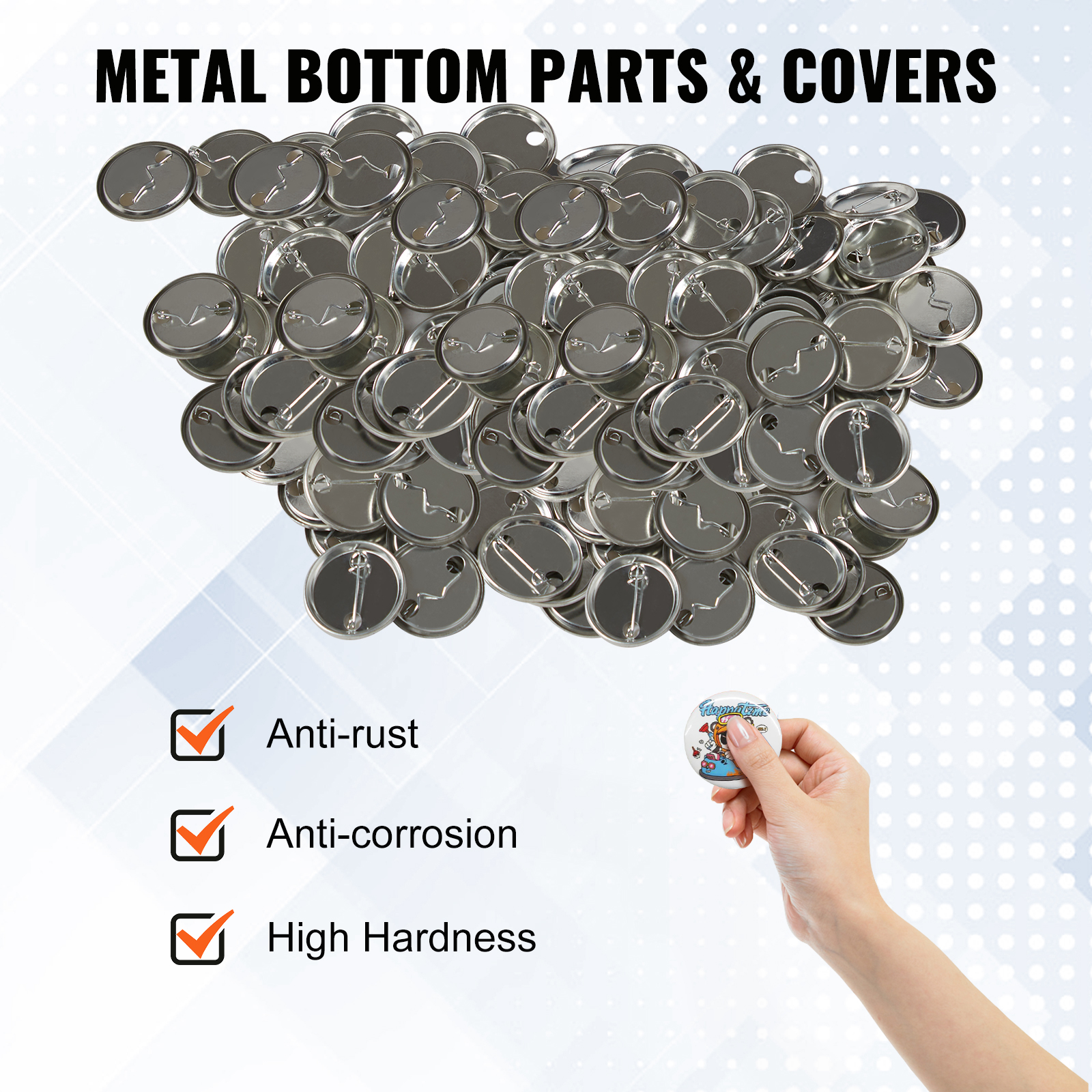 VEVOR button maker parts, metal backs and covers, anti-rust, anti-corrosion, high hardness.