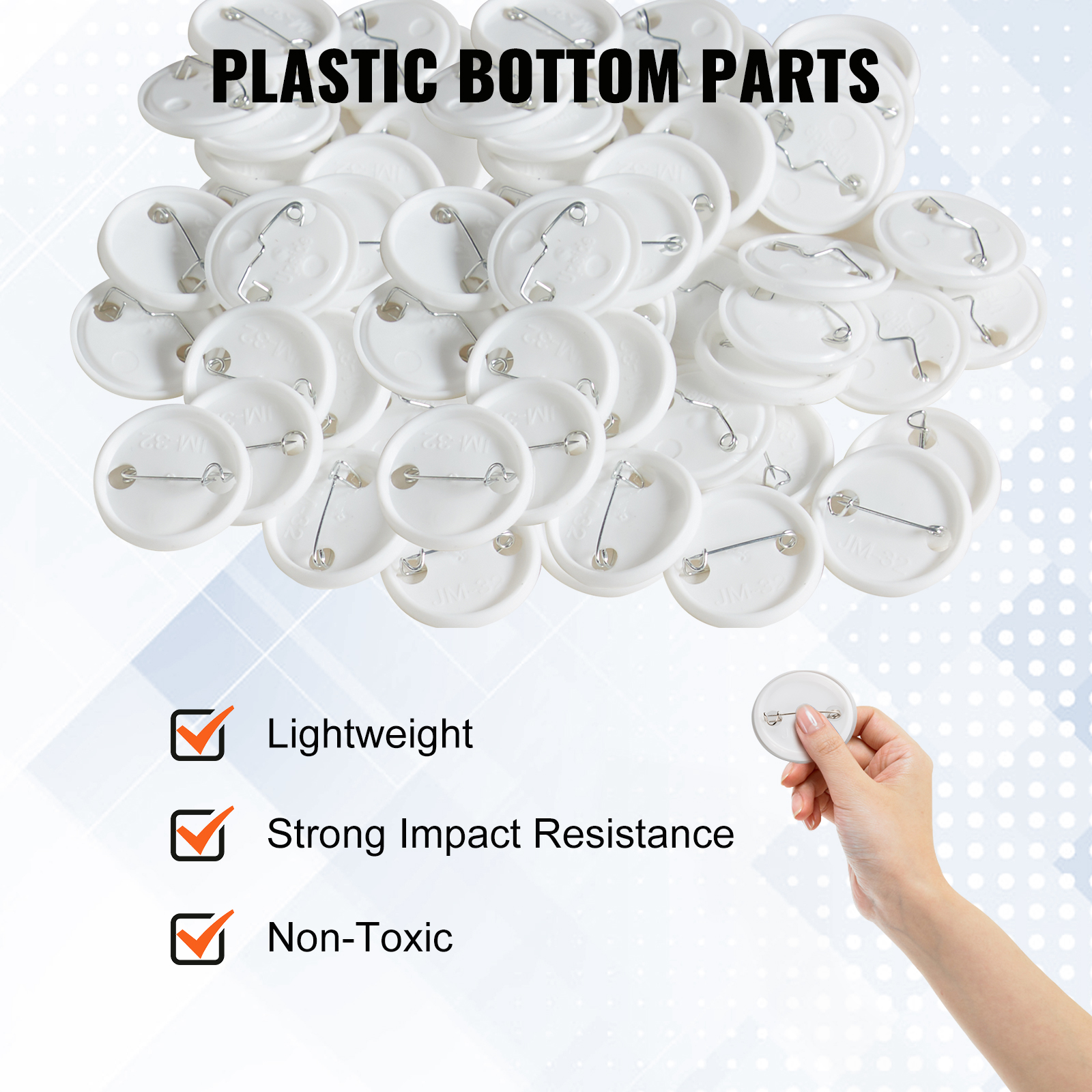 VEVOR button maker parts: lightweight, strong impact resistance, non-toxic plastic bottom parts.