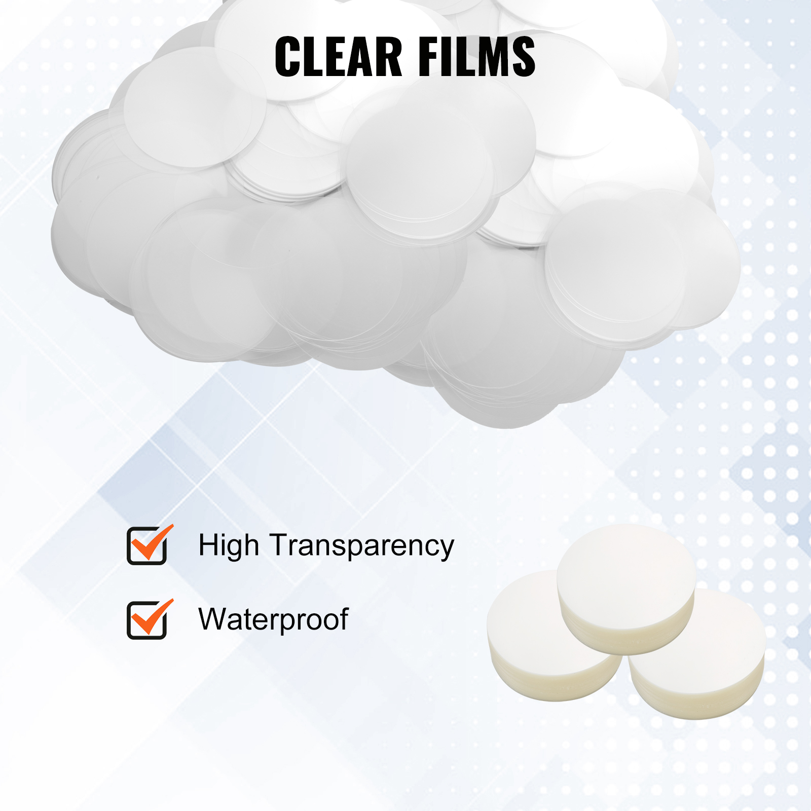 clear films with high transparency and waterproof qualities, part of VEVOR button maker parts.