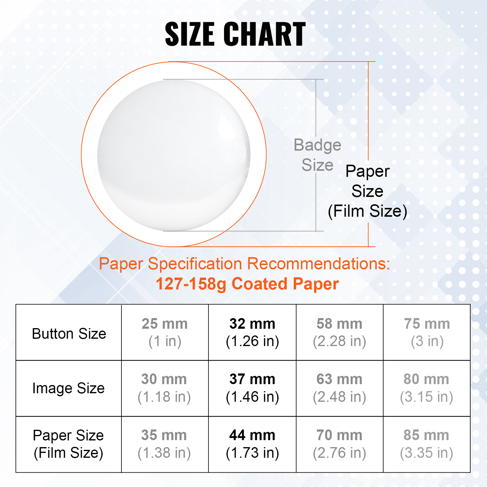 size chart for VEVOR button maker parts showing button, image, and paper sizes with paper specifications.