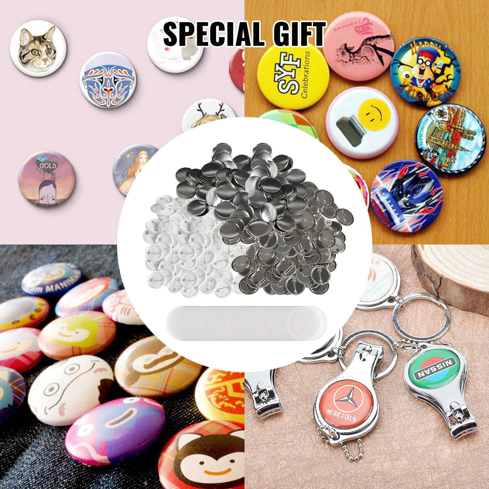 VEVOR button maker parts; colorful buttons and keychains with assorted designs, labeled "special gift".