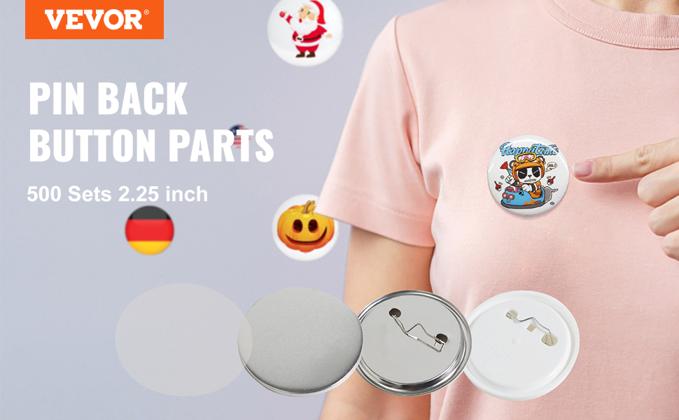 VEVOR button badge parts, 500 sets, 2.25 inch, pin back button parts, cartoon character on shirt.