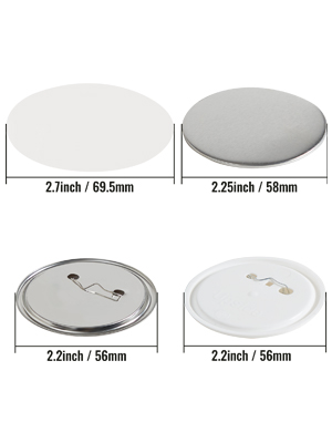 VEVOR button badge parts with metal backing and clear covers arranged neatly.