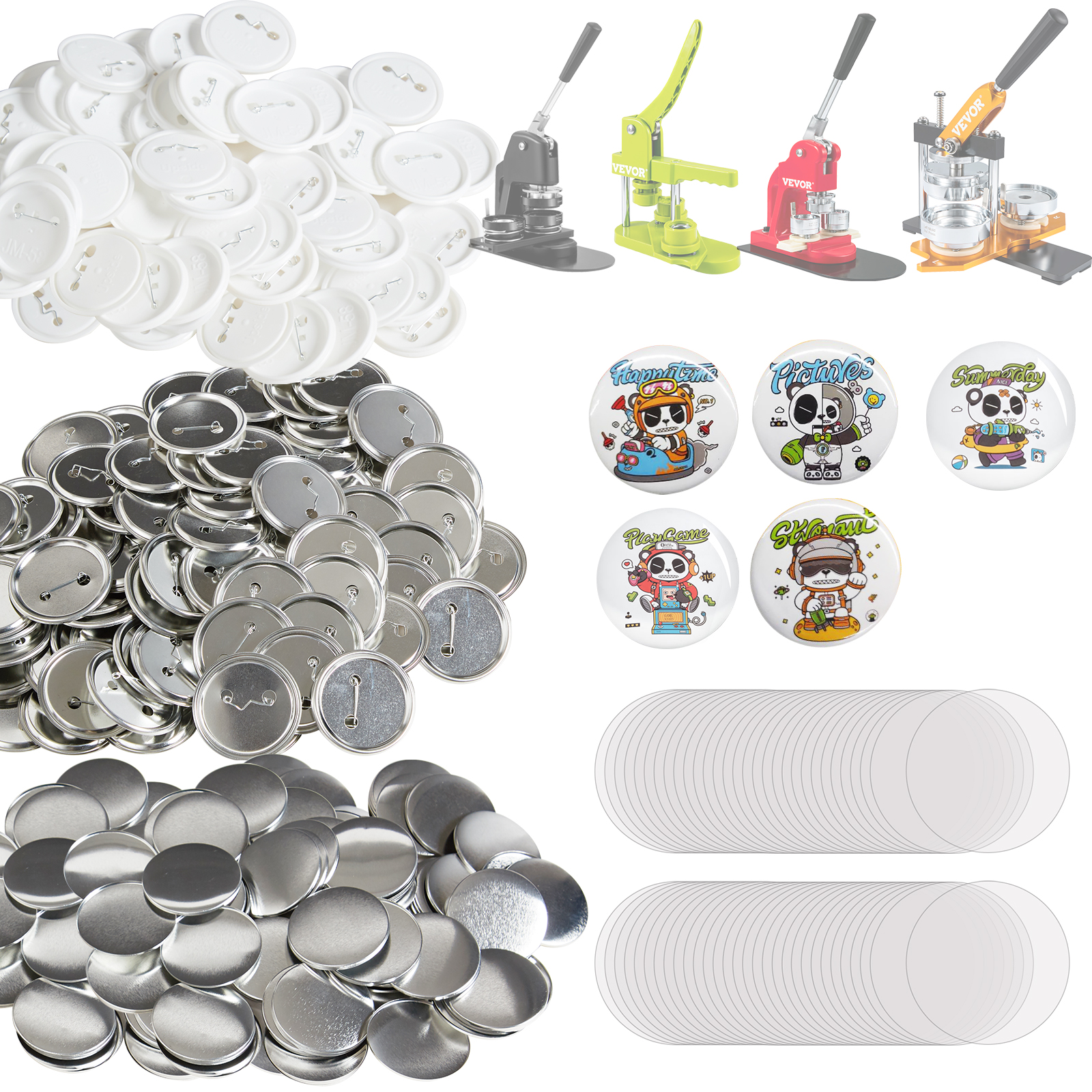 VEVOR button badge parts with tools, pin badges, and various badge components.