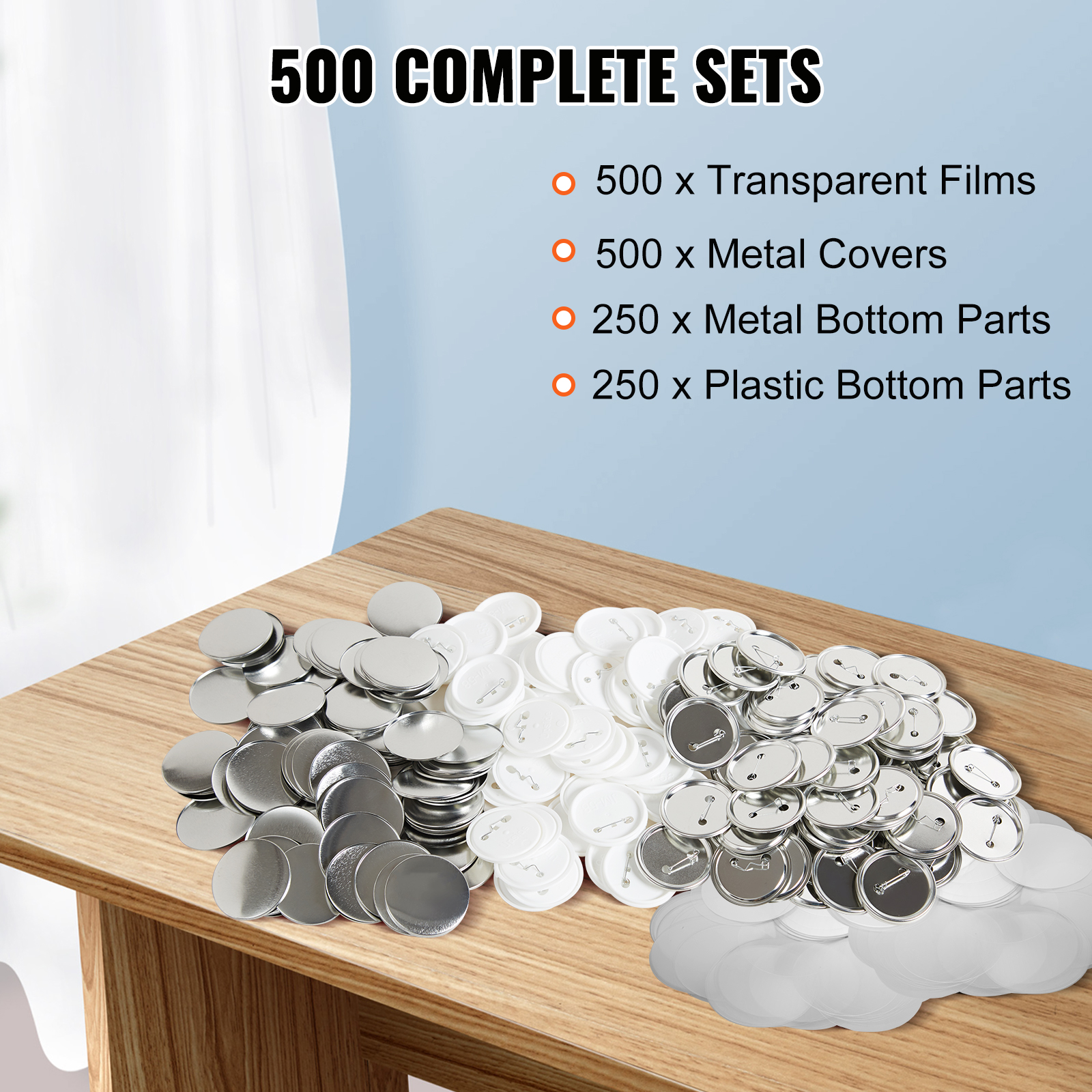 VEVOR button badge parts set on table, 500 complete sets with films, covers, and bottom parts.
