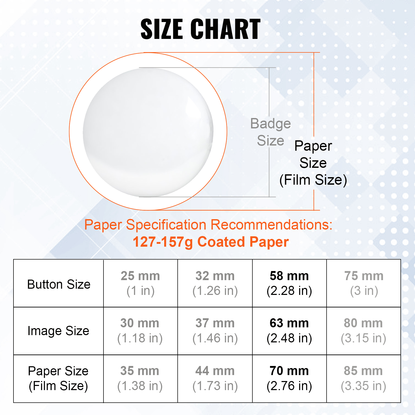 VEVOR button badge parts size chart with badge, paper, and image dimensions in mm and inches.