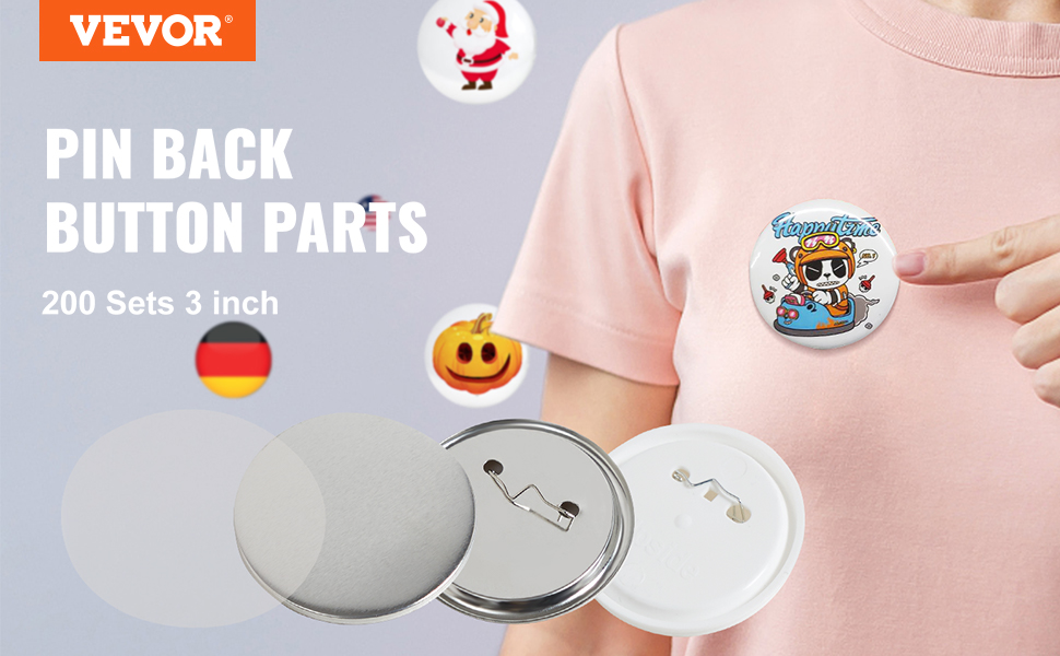 VEVOR button maker parts, pin back button parts, 200 sets 3 inch with design examples.
