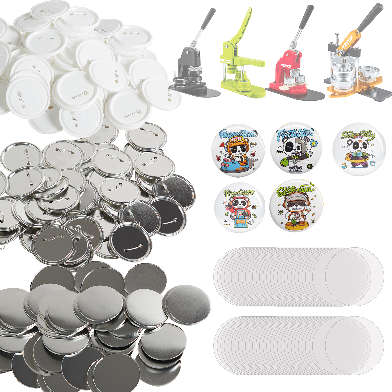 VEVOR button maker parts with colorful badges, metal pin backs, and button-making components.
