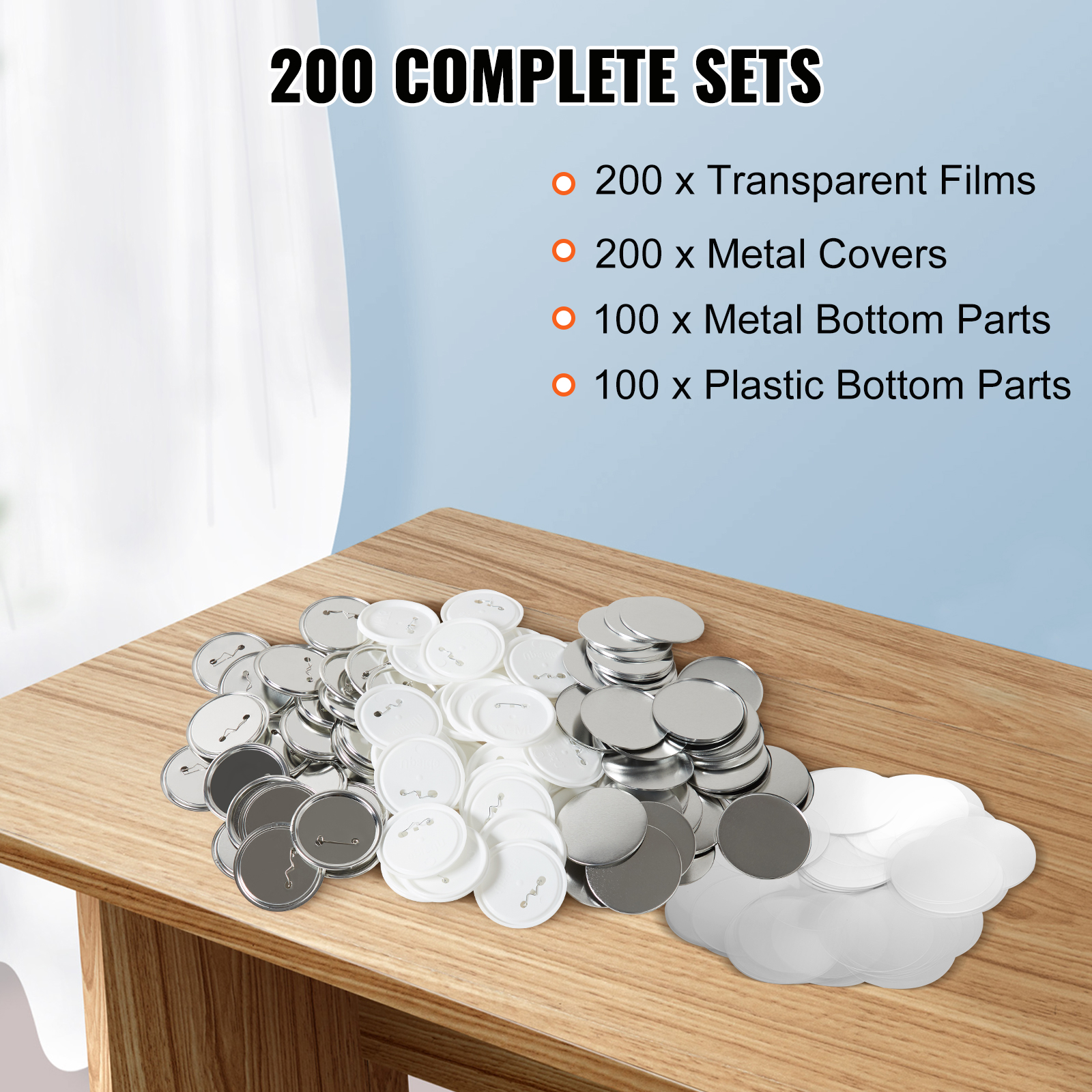 VEVOR button maker parts with 200 films, 200 metal covers, 100 metal and plastic bottom parts on wooden table.