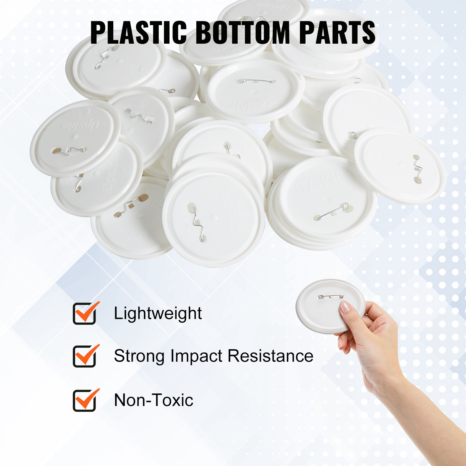 VEVOR button maker parts: lightweight, impact-resistant, and non-toxic plastic bottom parts with a safety pin.