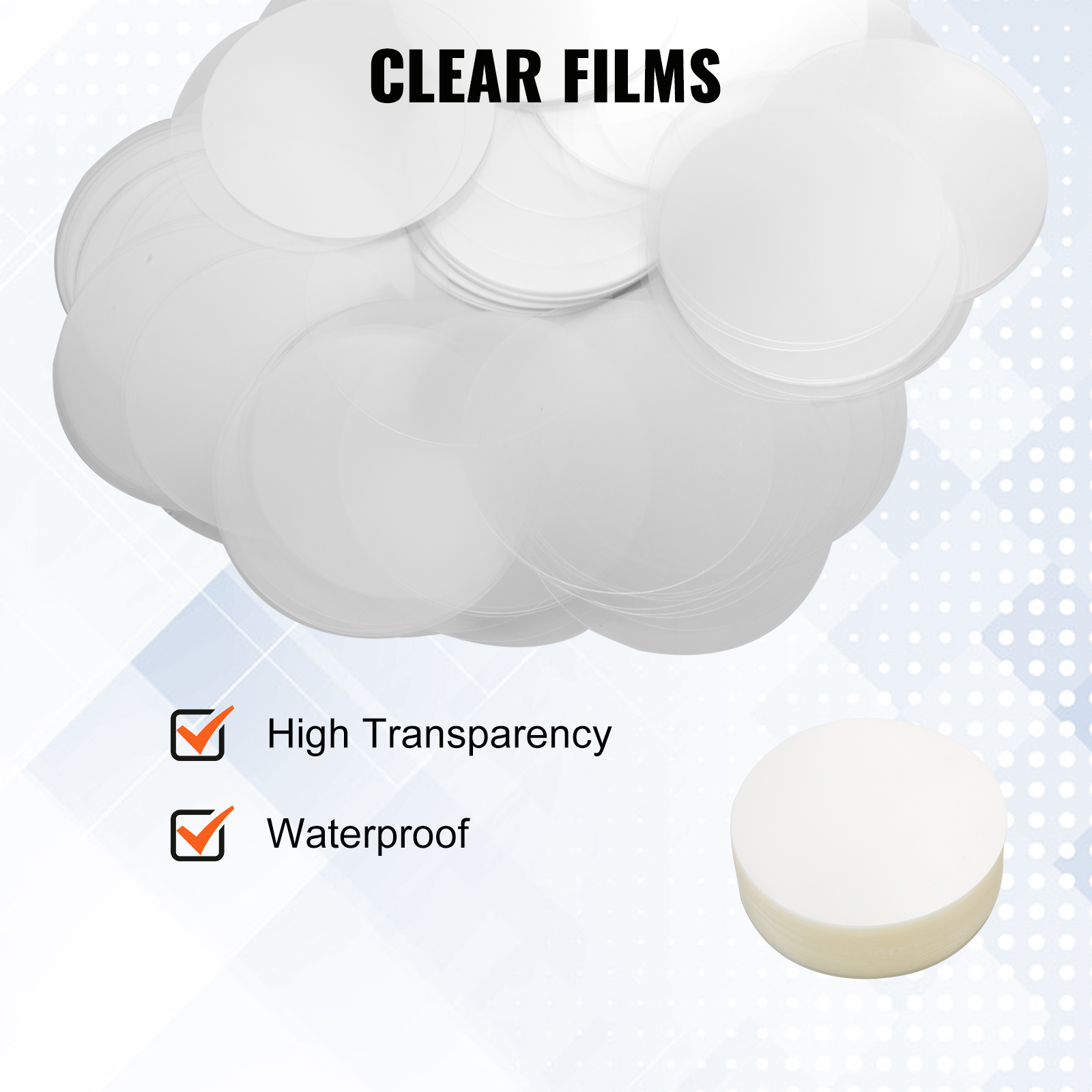 VEVOR button maker parts: clear films with high transparency and waterproof features on a dotted background.