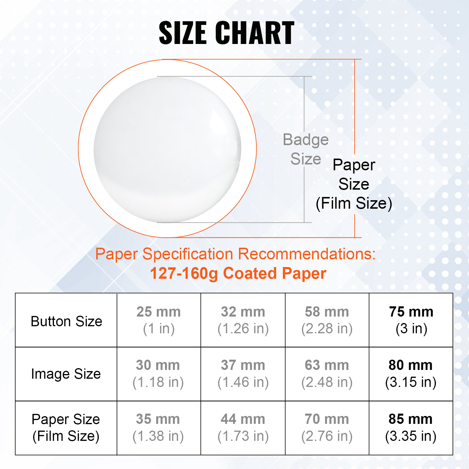 VEVOR button maker parts size chart with button, image, and paper size specifications, plus paper recommendations.