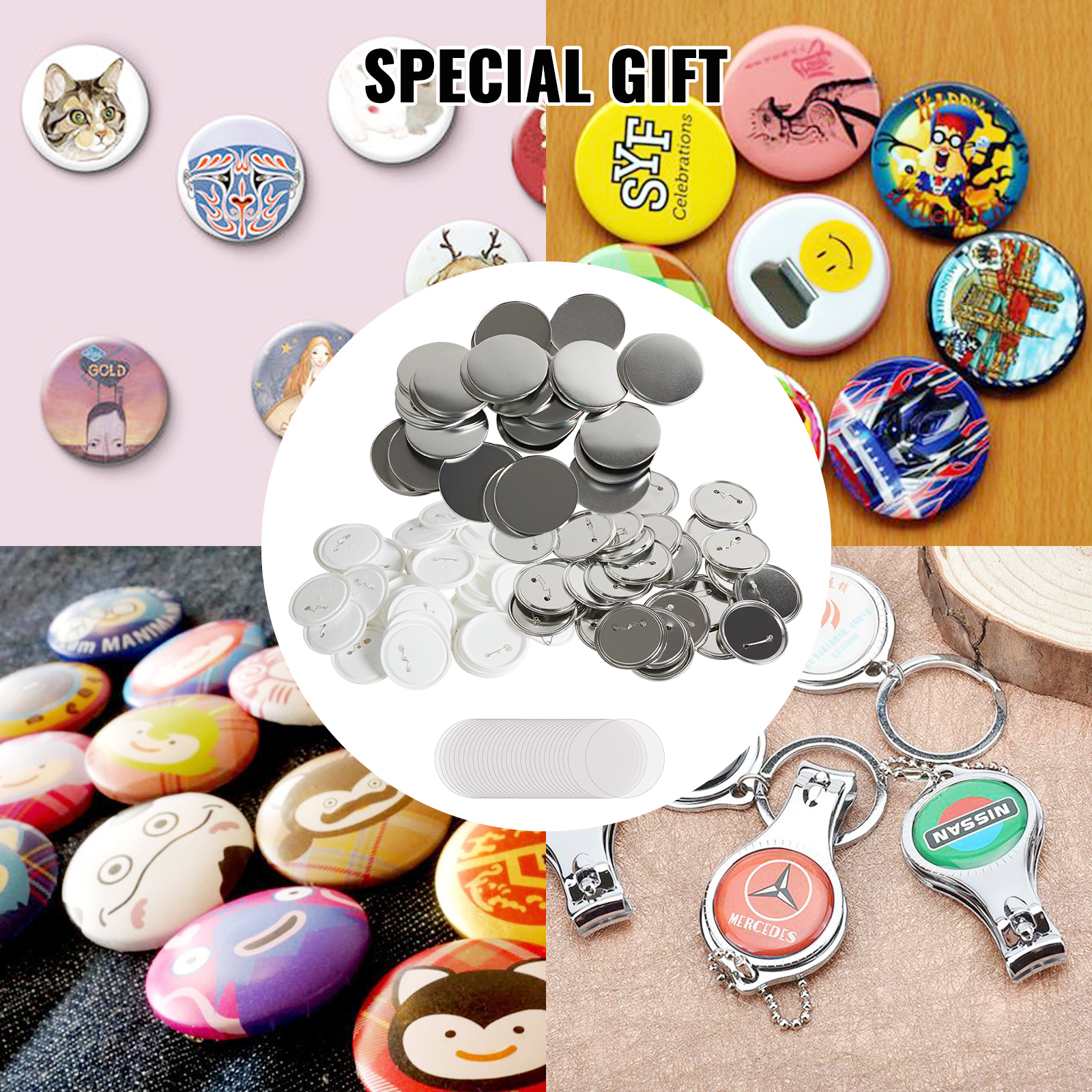 VEVOR button maker parts with assorted colorful buttons and keychain designs labeled as "special gift".
