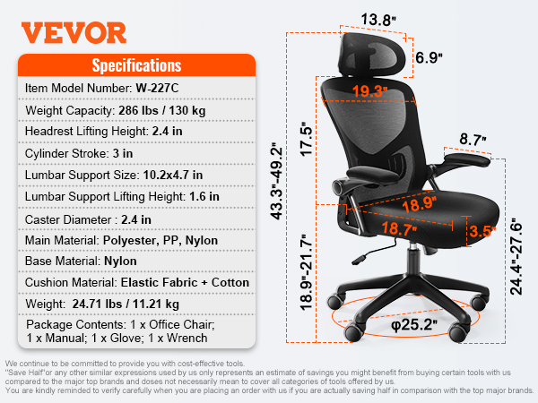 VEVOR ergonomiskā biroja krēsla izmēri un specifikācijas, tostarp augstums, platums, svars un materiāli.