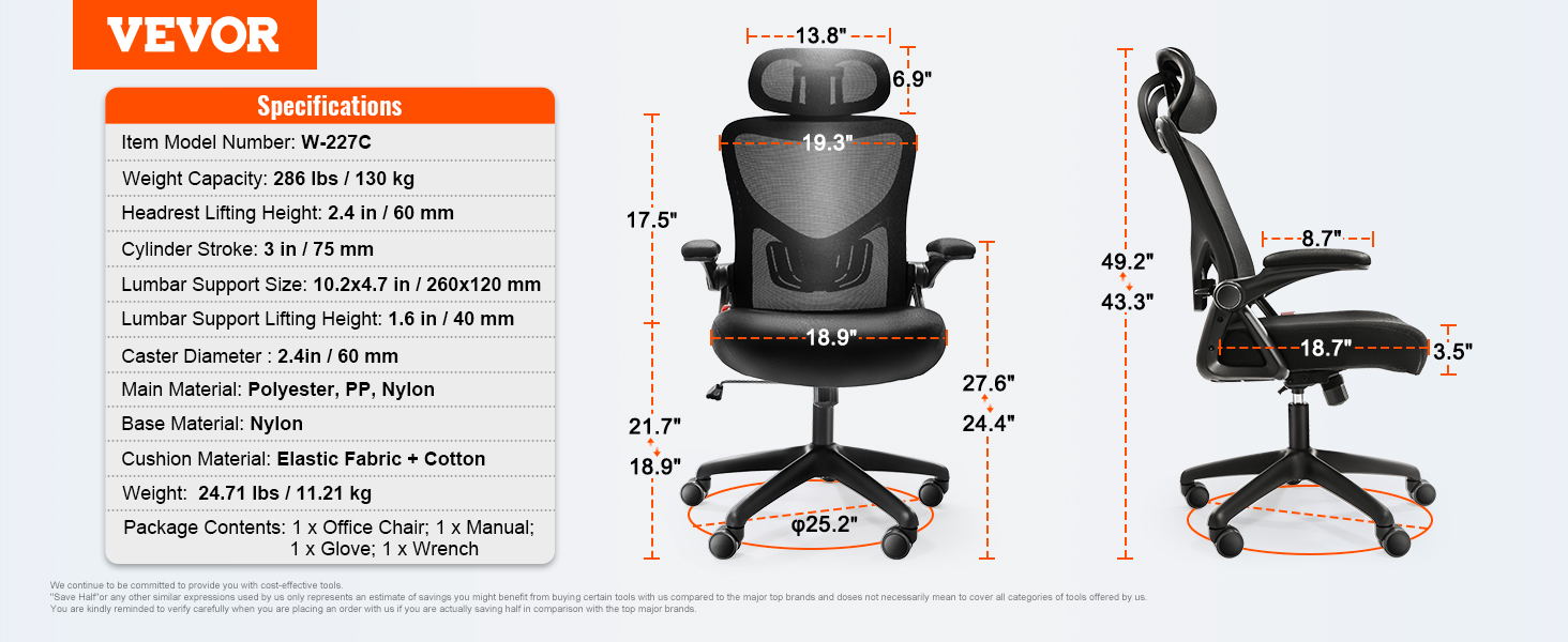 VEVOR ergonomiskā biroja krēsla izmēri un specifikācijas, tostarp augstums, platums, svars un materiāli.