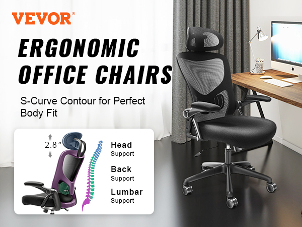 VEVOR ergonomisks biroja krēsls ar regulējamu galvas, atzveltnes un jostasvietas balstu pie koka galda.
